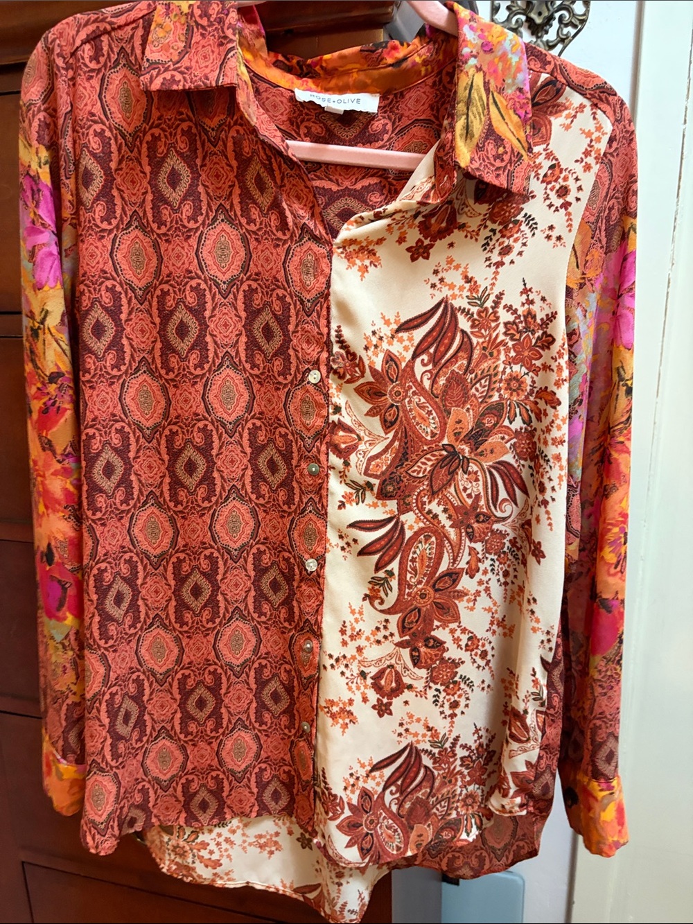 Rose & Olive Mixed Paisley & Floral Button-Down Shirt in Rust, Cream & Pink
